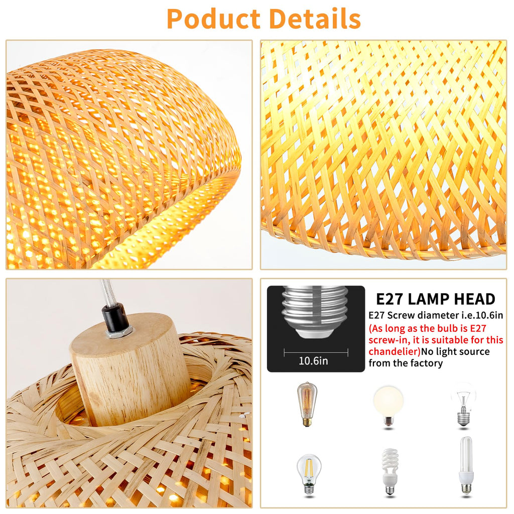 11.8inch Beige Bamboo Pendant Light, Wicker Rattan Boho Chandelier