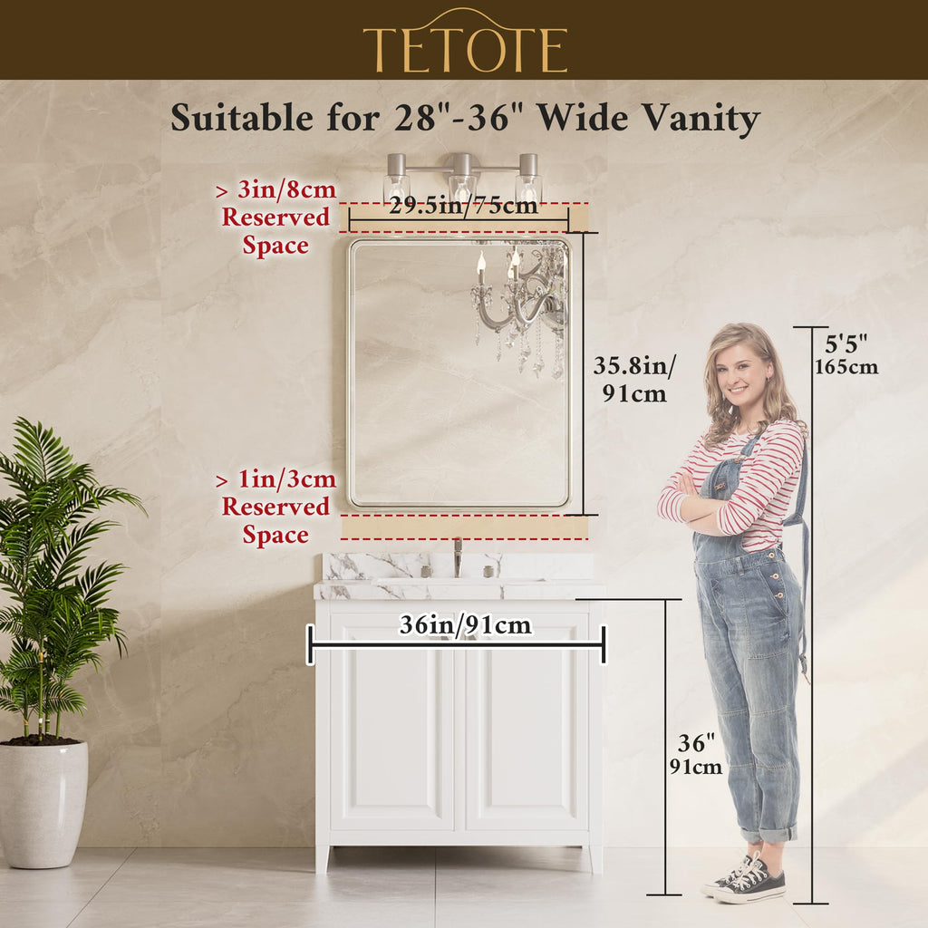 Brushed Gold Mirrors for Wall 30 x 36 Beveled Edge Tempered Glass, Rounded Corner Rectangle Framed Mirror for Modern