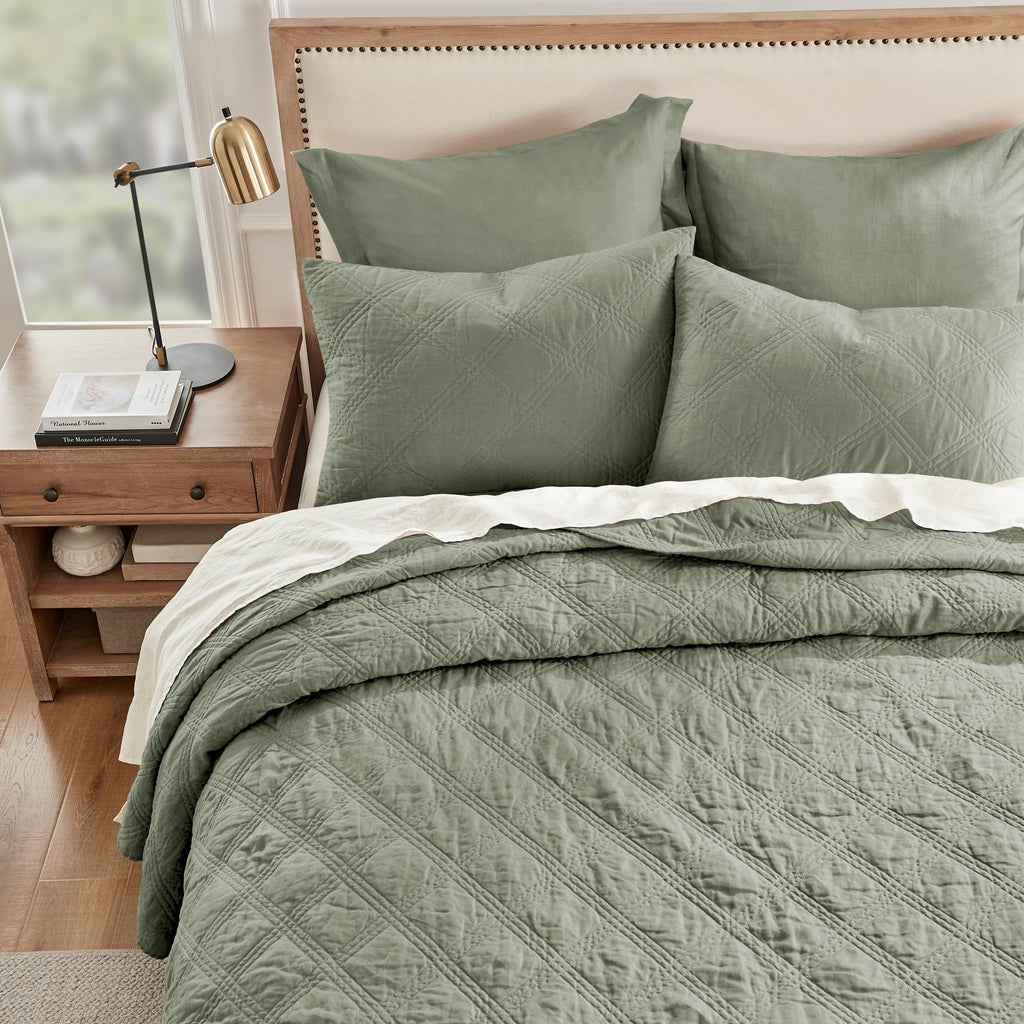 100% French Flax Linen Front/100% Cotton Back - Quilt - French Flax Washed Linen - Sage Green - Quilt Size (68 x