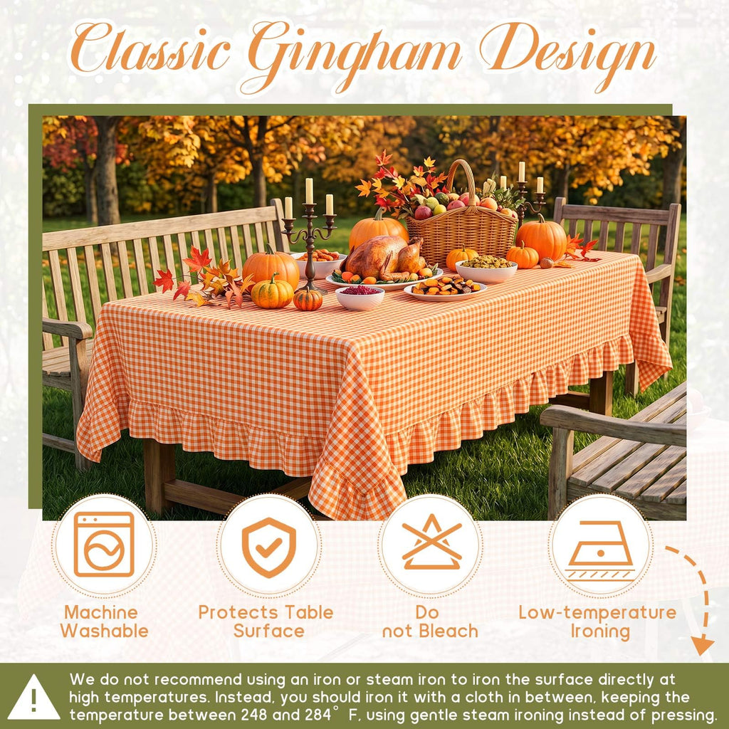 Gingham Ruffled Tablecloth, Fall Orange, 52 x 70 Inches, Rectangle
