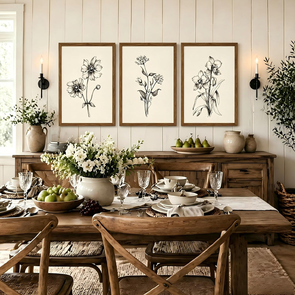 Minimalist Black and White Floral Wall Art Neutral Rustic Botanical Canvas Artwork, Vintage Floral Poster Set of