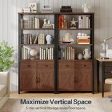 Bookshelf with Doors, Rustic Bookshelf with Drawers, Industrial Display Standing Shelf Units