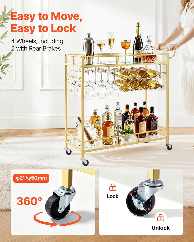 Bar Cart, 2 Tiers Home Kitchen Serving Carts, Modern Rolling Utility Station on Wheels, Drink Beverage Trolley with