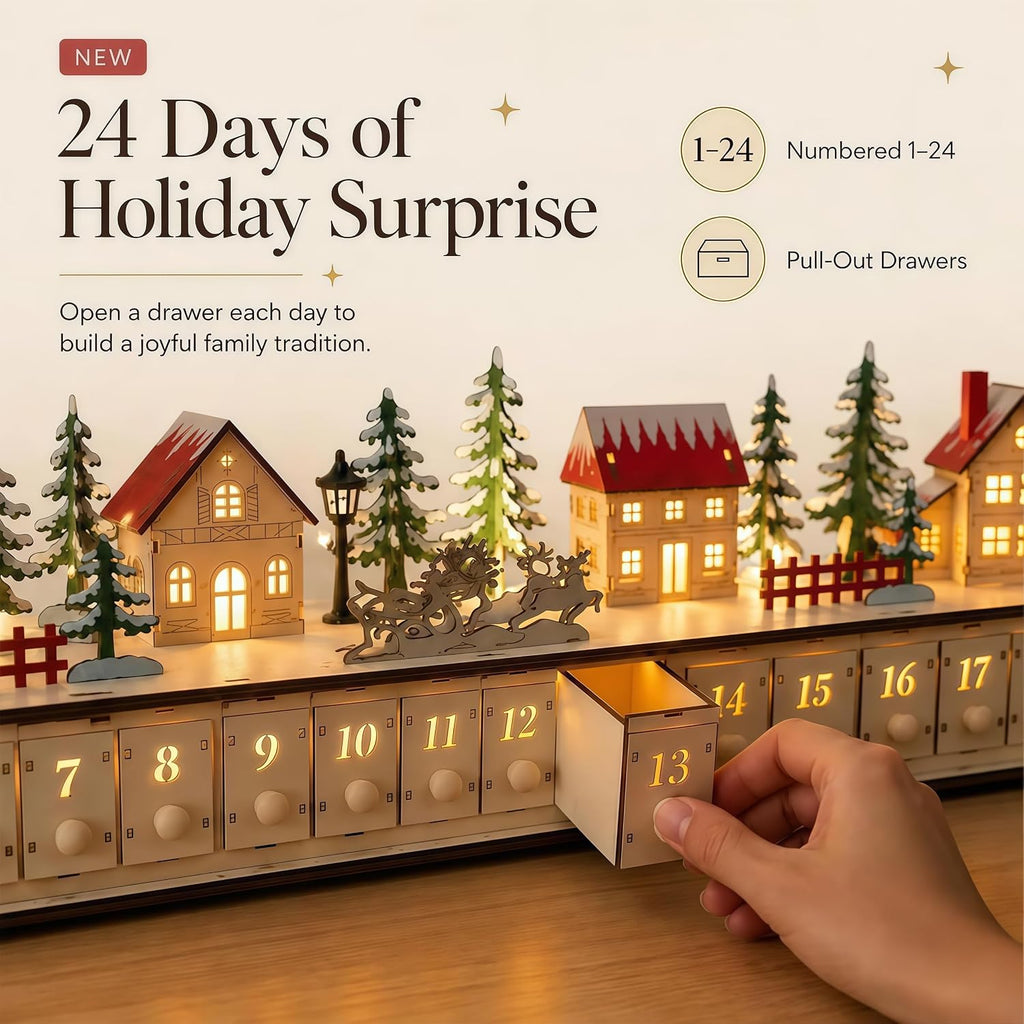 32 inch Light-Up Wooden Christmas Village Advent Calendar with 24 Drawers