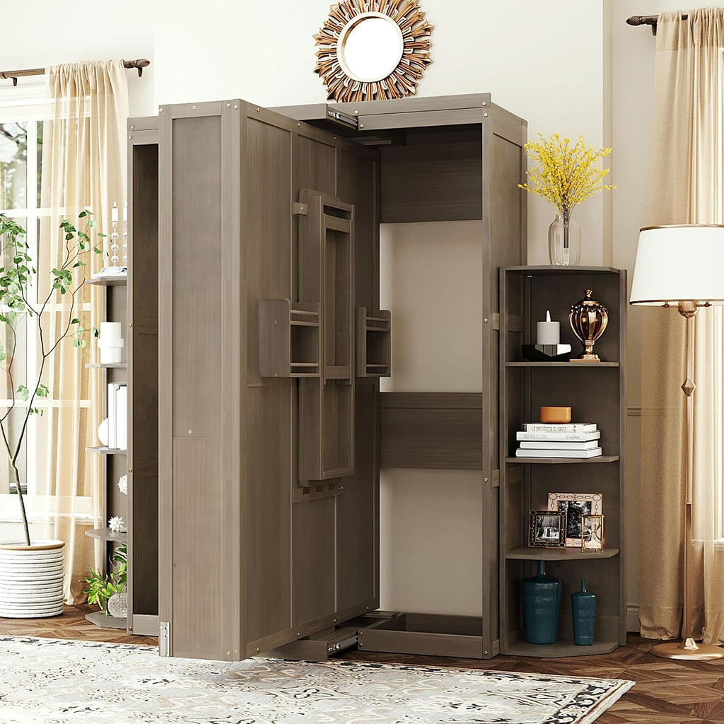 Murphy Bed Queen Hideaway Wall Chest with Cabinet,Dual 3-Tier Side Shelves,Convertible Desk,Space-Saving