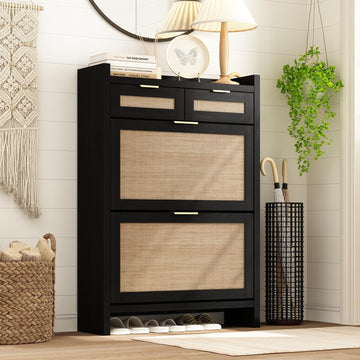 Shoe Organizer Cabinet Storage - Slim Rattan Shoe Rack for Front Door Entrance, Narrow Hidden Shoe Cabinet with Flip