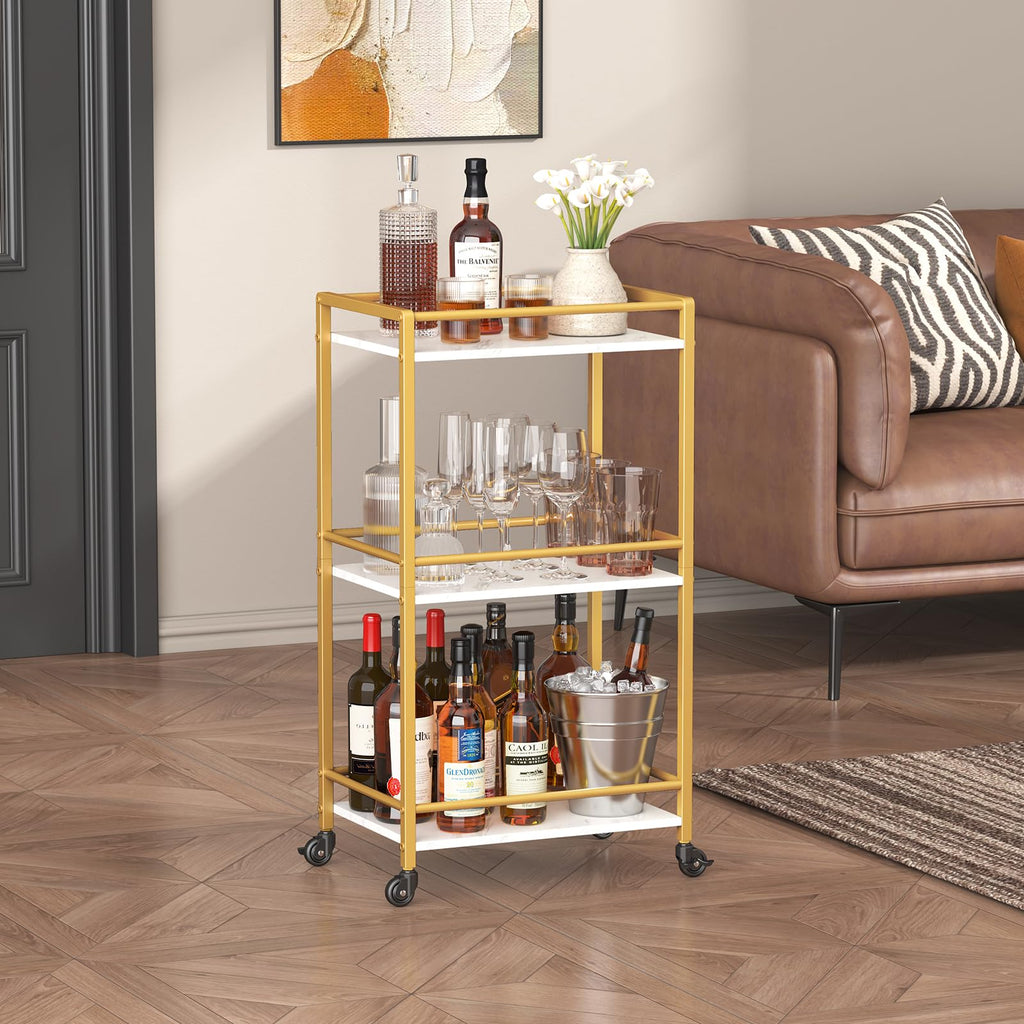 Mini 3 Tier Rolling Bar Cart with Lockable Wheels, Gold
