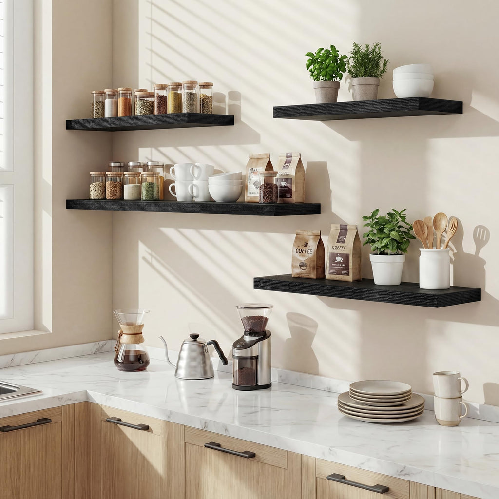 Floating Shelves for Wall, 18 Inch Black Wall Shelves Set of 2, 9.3" Deep Floating Shelf with Invisible Bracket, Wall
