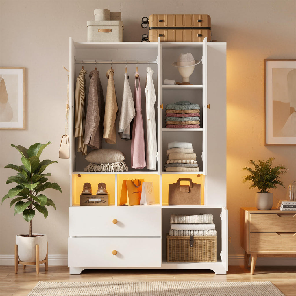 3‐Door Armoire Wardrobe Closet, 71" Bedroom Cabinet with Mirror