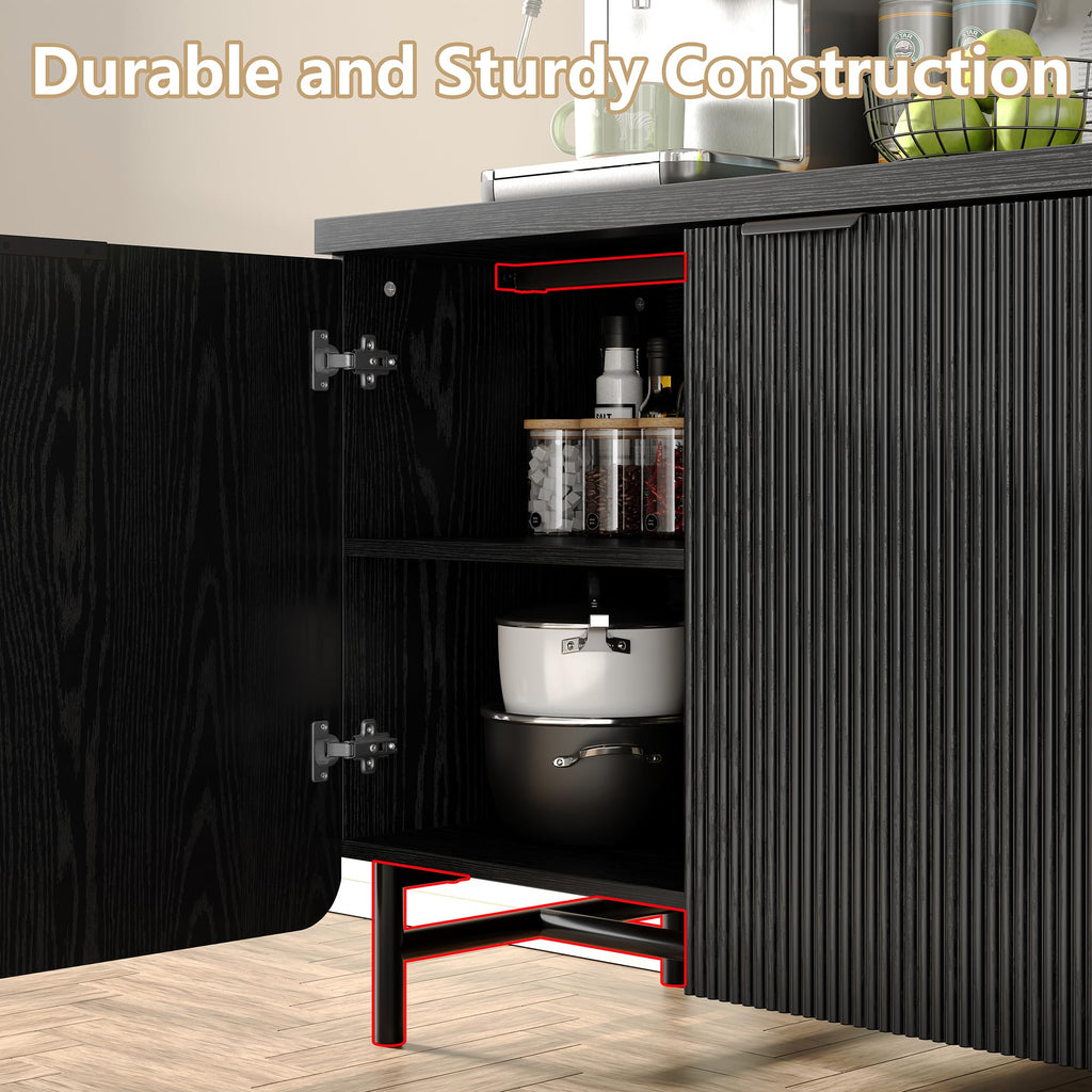 66.2''W Large Fluted Buffet Cabinet with 4 Doors & Shelves Wood Sideboard Buffet Table Storage Cabinet Modern Accent