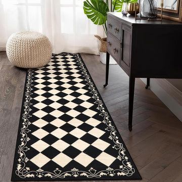 Checkered Bathroom Runner Rug, Black and White Washable Runners s Non Slip, Moroccan Trellis Rug for Besides