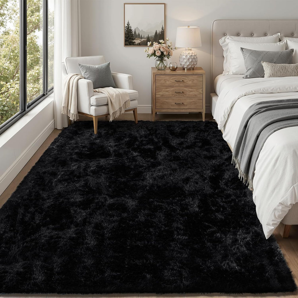 Fluffy Shag Area Rug Living Room Bedroom Washable Black