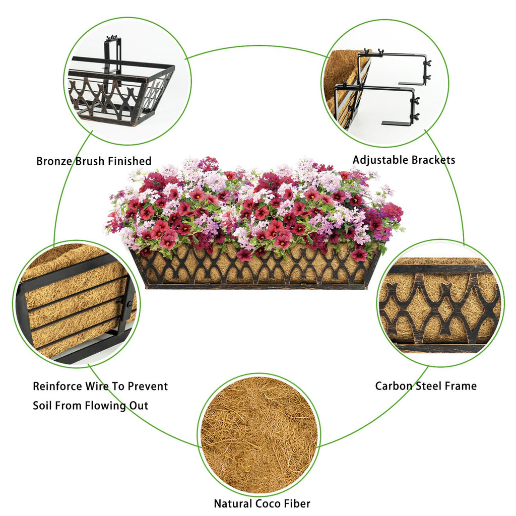 4 Pack 24 Inch Window Boxes Planters Railing Planter Box with Adjustable Brackets for Porch Fence Patio Balcony