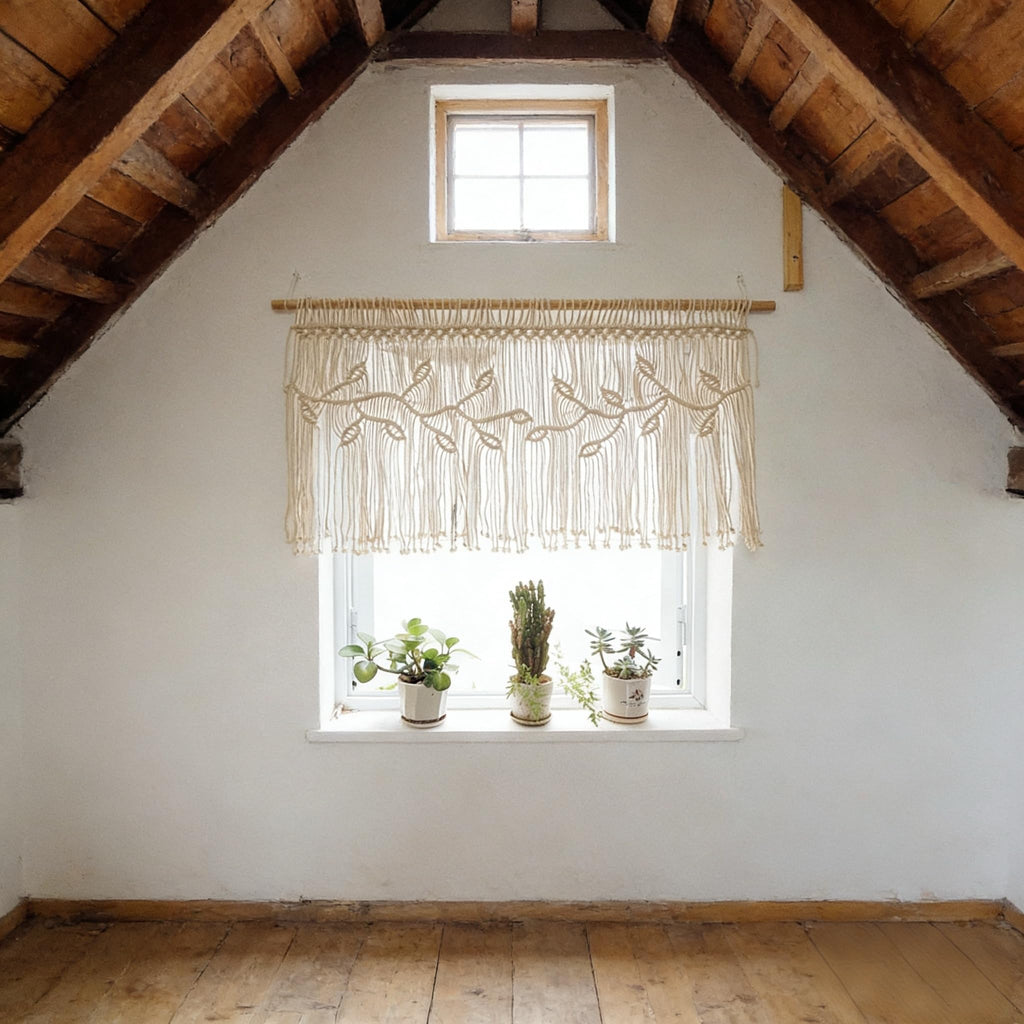 Macrame Valance Curtain for Kichen Windows 35.43*23.62Inch Farmhouse Boho Curtains Window Valance with Tassels Leaf