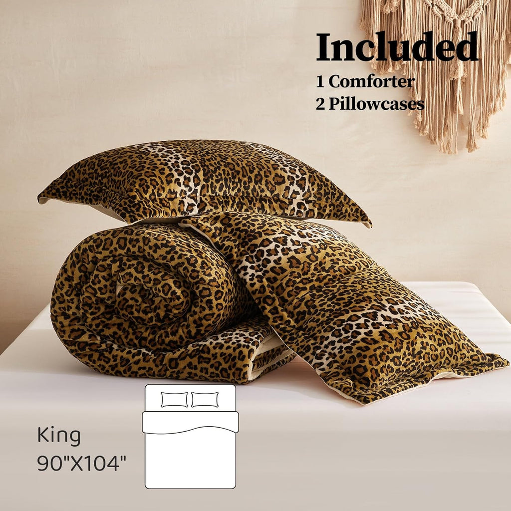 Petrichor Leopard Velvet Flannel King Comforter Set-Cheetah Print Western Blanket,Luxury Fuzzy Heavy Bedding Set,3