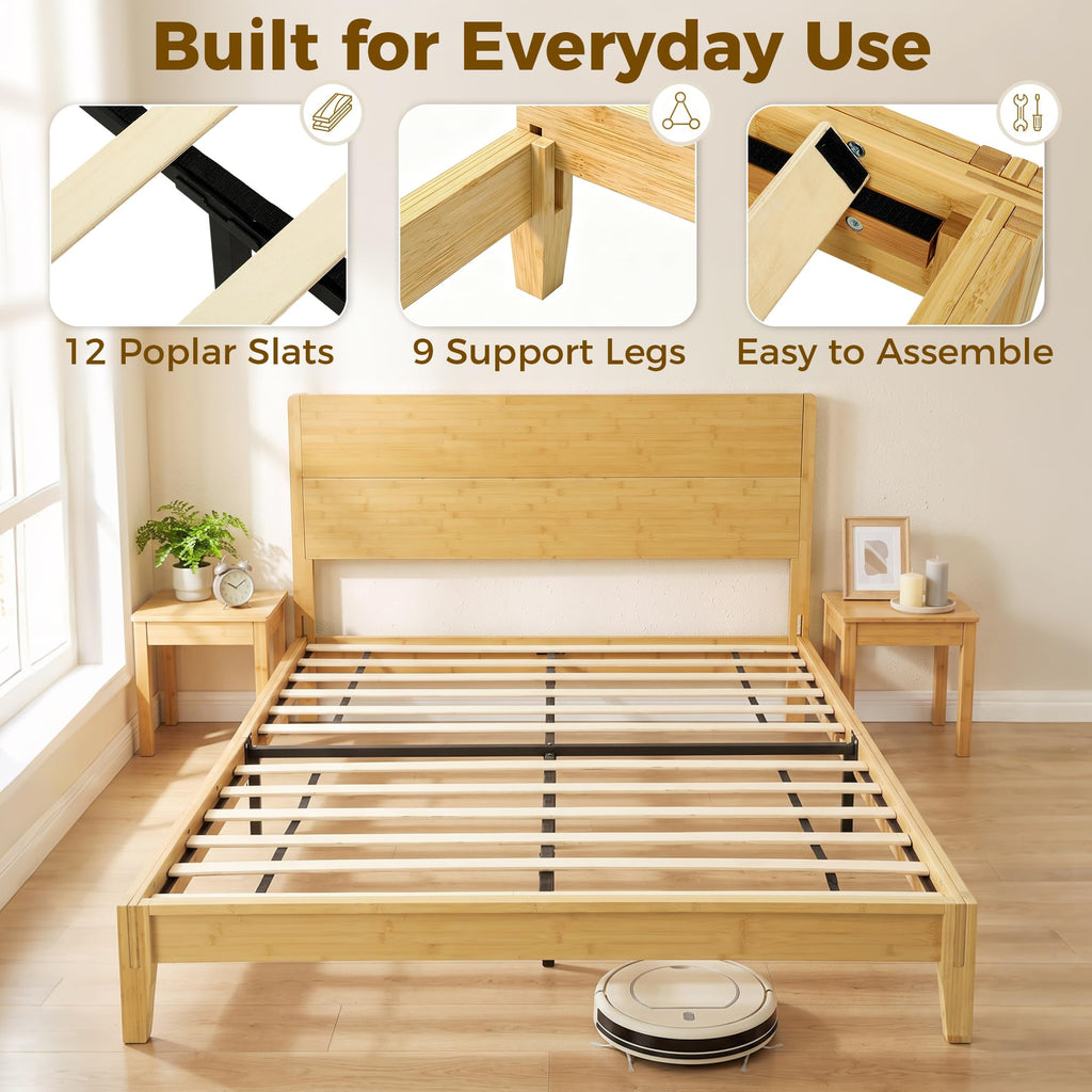 Queen Size Bamboo Platform Bed Frame with High Headboard Natural