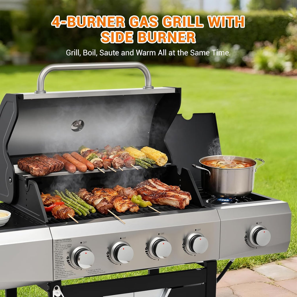 4-Burner Propane Gas Grill, 51,000 BTU Stainless Steel BBQ Grill with Side Burner, 452 Sq. In. Cooking Area and Porcelain Grates for Outdoor Cooking