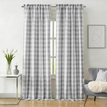 Grey White Buffalo Plaid Semi Sheer Curtains Rod Pocket 52"Wx90"L