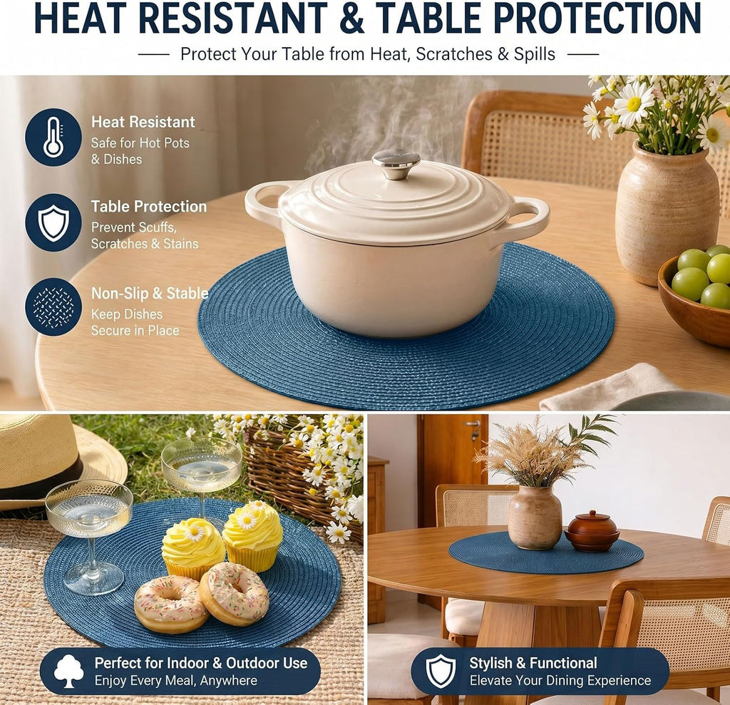 Round Braided Placemats Table Mats for Dining Tables Woven Washable Non-Slip Place mats 15 in(Blue, ) - Set of 6