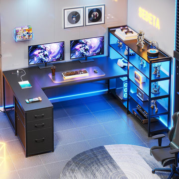 64.5" Reversible L Shaped Gaming Desk with Storage Drawers, Shelves | U Shaped Corner Computer Desk with 3 Fabric
