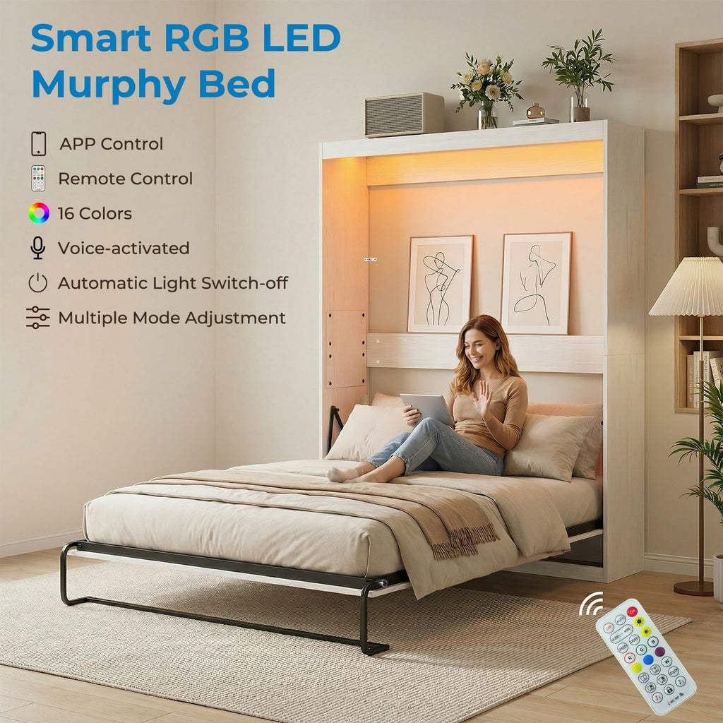 Full Murphy Bed, Cabinet Wall Beds, Modern Vertical Murphy Chest Beds with Durable Gas-Lift, Space-Saving Hidden