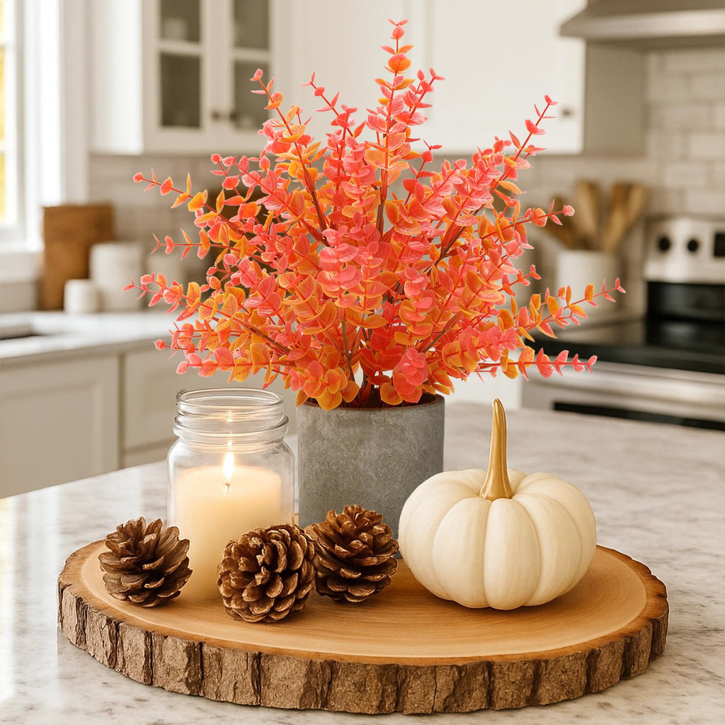 2 Pack Small Fake Plants Eucalyptus Potted, Fall Orange Large