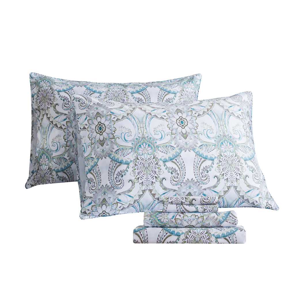 Blue Paisley Sheets Set Queen Classic Boho Paisley Bedding Luxurious Bohemian Damask Paisley Bed Sheet Breathable