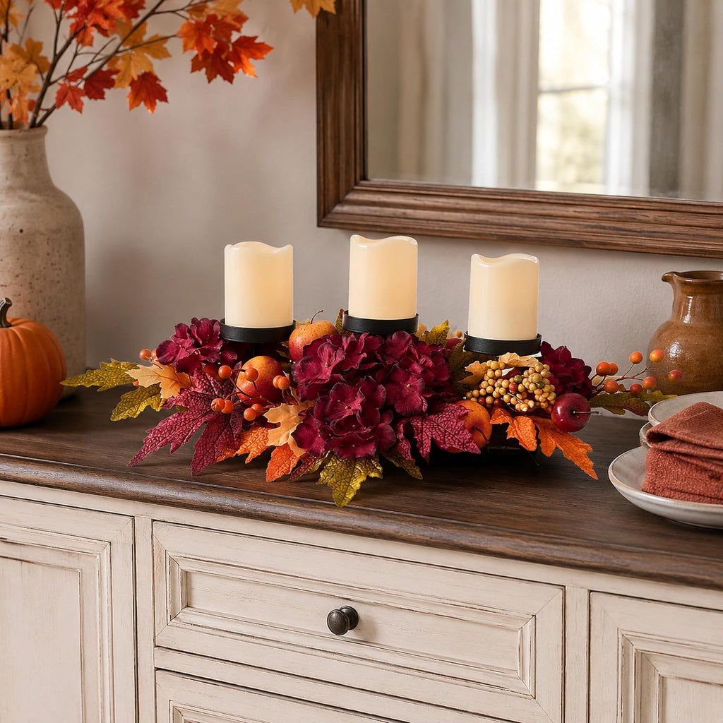 26 Inch Fall Candle Holder Centerpiece with Hydrangea and Apples