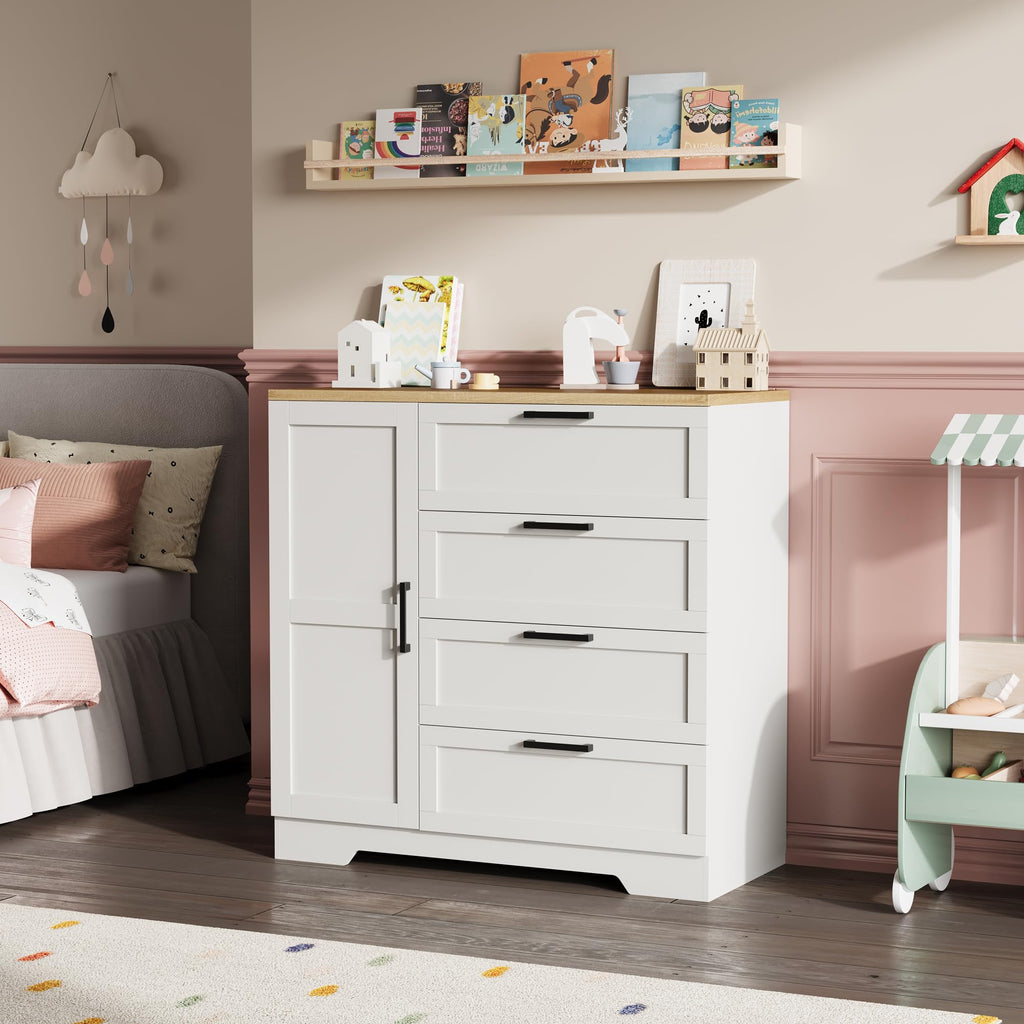 43.3'' H Armoire Wardrobe Closet with 4 Drawers and Hanging Rod, Multifunctional Wood 4 Drawers Dresser with Storage