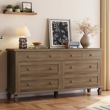 8 Drawer, Vintage 59" Long TV Stand with Carved Handles and Tapered Legs, Wood Chests of Drawers with Large