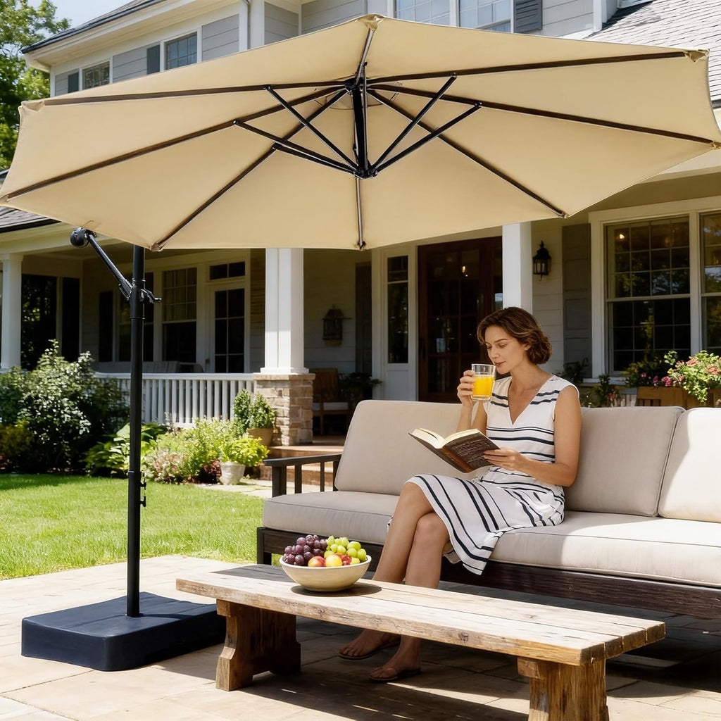 10FT Cantilever Offset Patio Umbrella with Base Included, Outdoor Patio Umbrella with 360° Rotation & Infinite Tilt