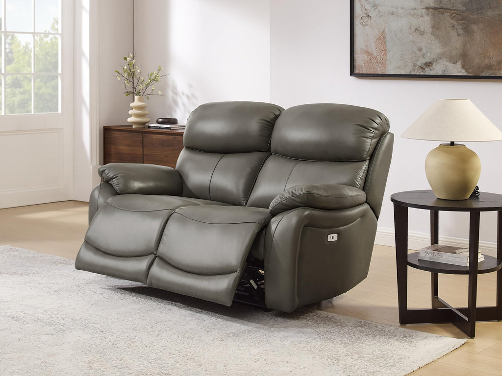 Grey Top Grain Leather Power Recliner Sofa Loveseat with USB Port.