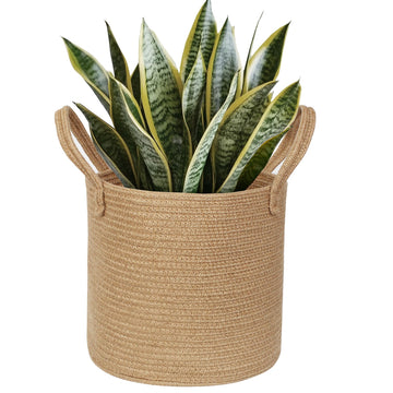 Round Wicker Basket with Handle, 11"x11" Woven Jute Plant Basket for 10" Pot, Indoor Boho Tree Planter, Decorative