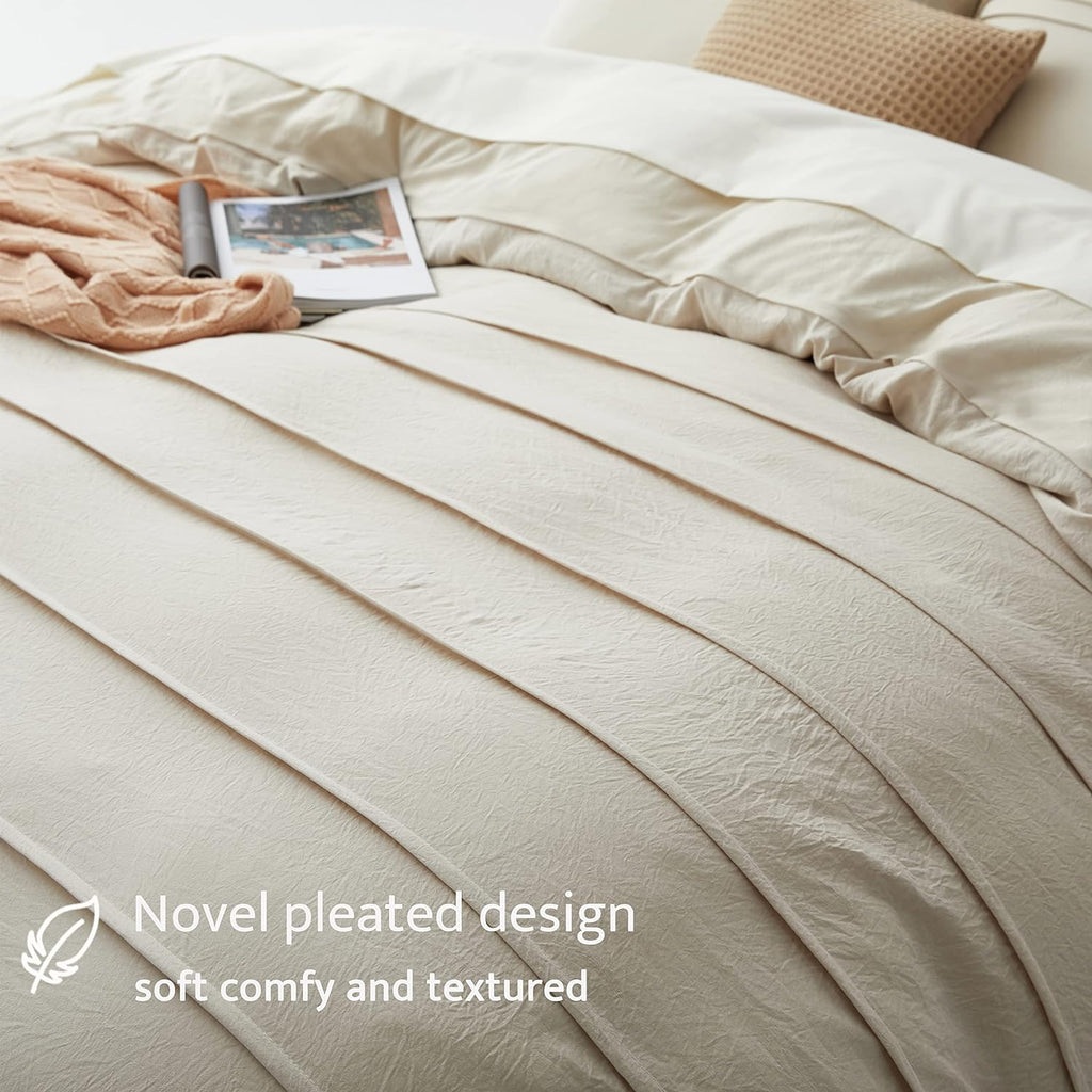Beige Duvet Cover King - Pleated King Duvet Cover, 3PCS Soft and Breathable Textured Bedding Set with Zipper