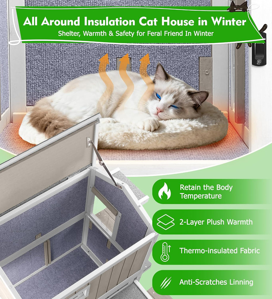 Outdoor Cat House Weatherproof Cats Shelter for Feral Kitten Pet Houses for 1-2 Small Animlas 2 Story Wooden Houses