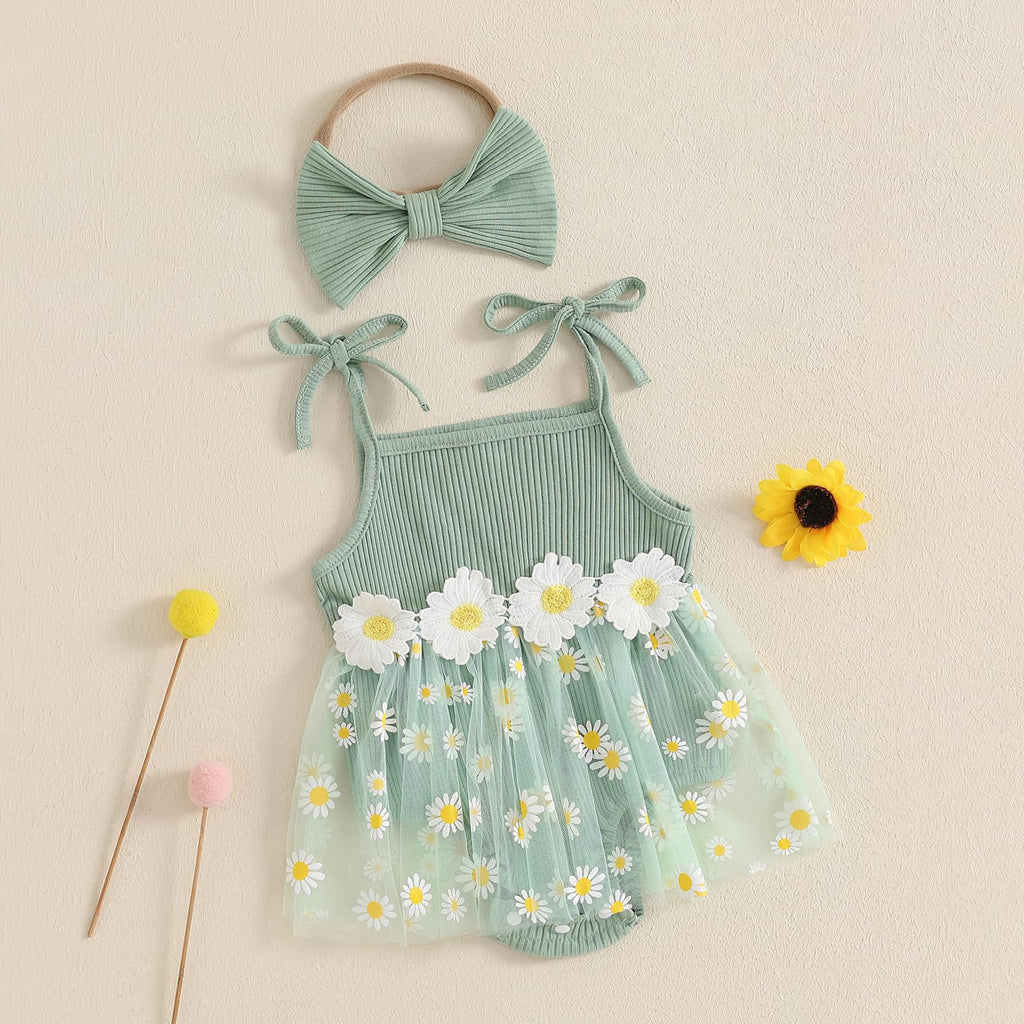 Baby Girl Clothes Daisy Ribbed Bodysuit Sleeveless Romper Dress Summer Outfit for Girls Newborn 3 6 9 12