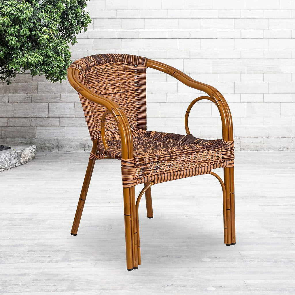 3 Pack Cadiz Series Burning Brown Rattan Restaurant Patio Chair with Dark Red Bamboo-Aluminum Frame