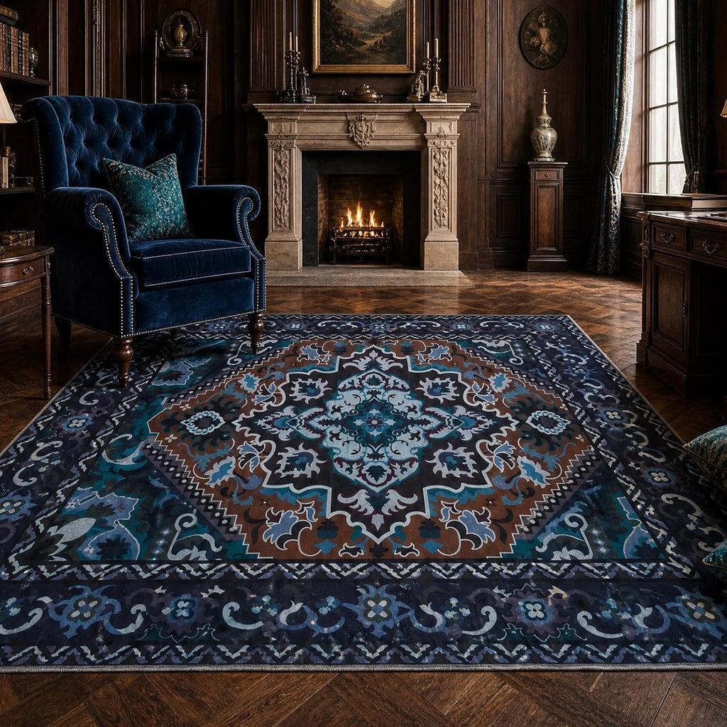 Navy Blue Traditional Medallion Washable Area Rug, Non-Slip