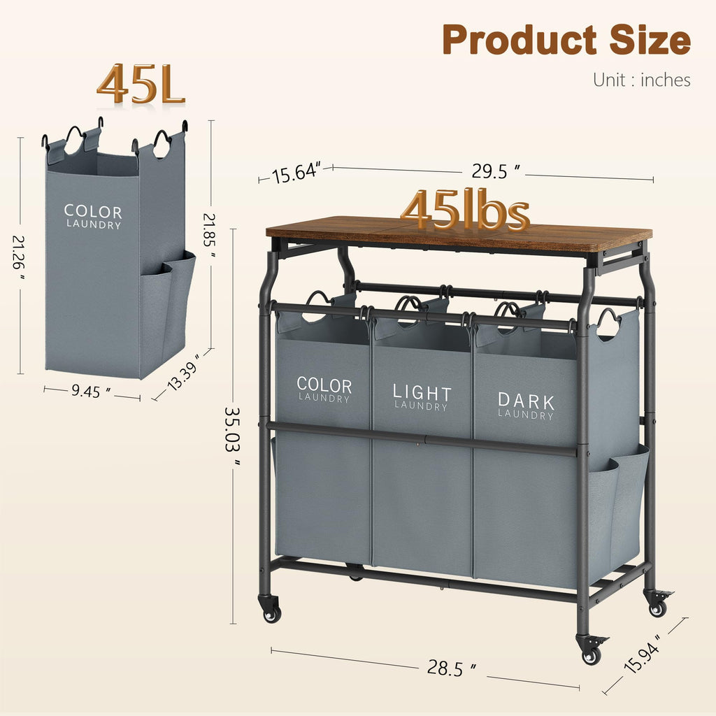 3 Section Laundry Sorter with Ironing Board, Laundry Hamper, Gray