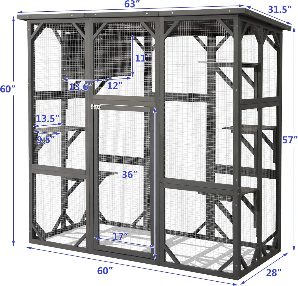 Large Outdoor Cat House Outdoor Wooden Cat Cage Cat Enclosure with Weatherproof Large Run, Jumping Platforms for Play