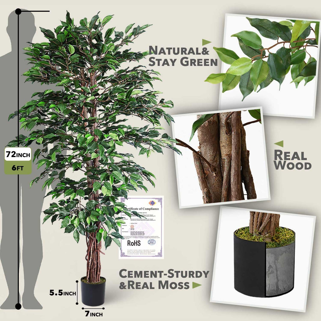 6ft Artificial Ficus Tree Decor, 6 Feet Faux Plant Fake Silk Trees with Pot for Indoor Outdoor House Living Room