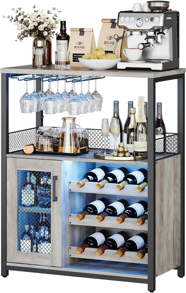 Industrial Wine Bar Cabinet - Adjustable Wine Rack, Glass Holders, Compact Sideboard , Removable 3-Tier Storage