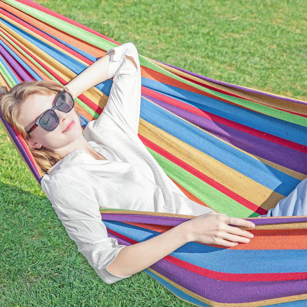 Double Hammock with Stand for Outside, Upgraded Spreader Bar, Heavy Duty Space Saving Steel Stand 2 Person, Side