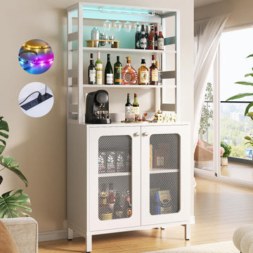 Bar Cabinet with Power Outlets, 67" Tall Wine Bar Cabinet, White