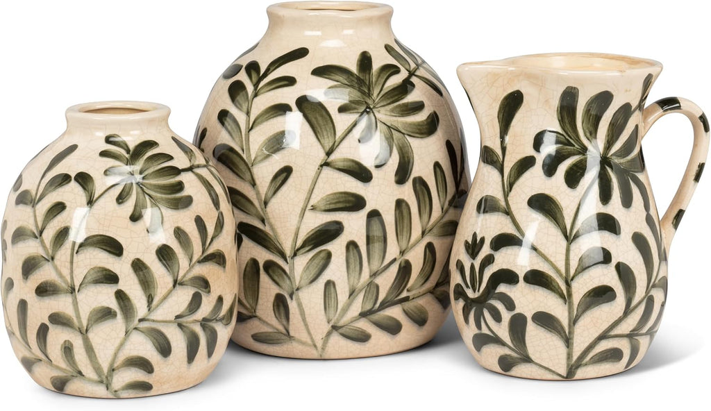 Collection Medium Frond Round Vase | Hand-Painted Botanical, Waterproof Glaze, For Fresh & Faux Florals, Stoneware