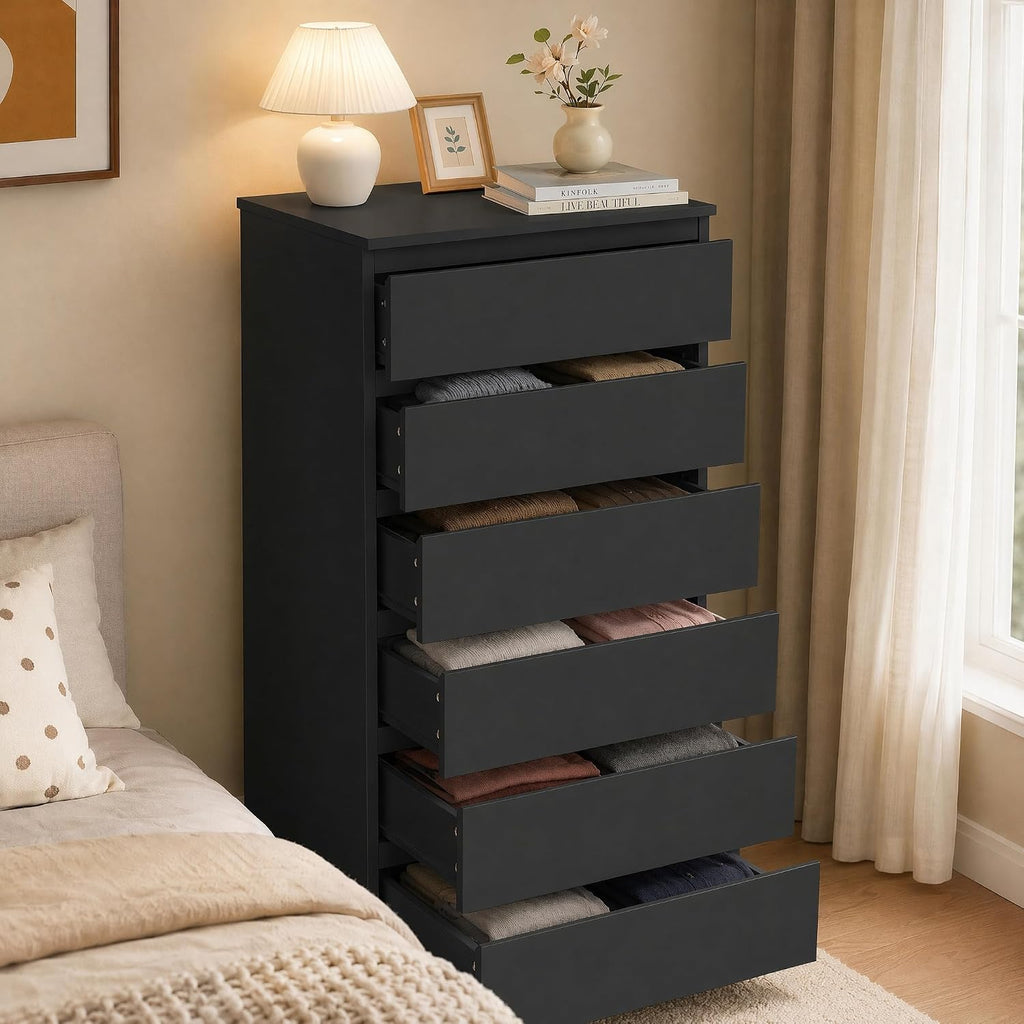 Black 6 Drawer Dresser ,Tall Modern Dressers & Chest of Drawers with Handle-Free Design,Wood Storage Dresser with