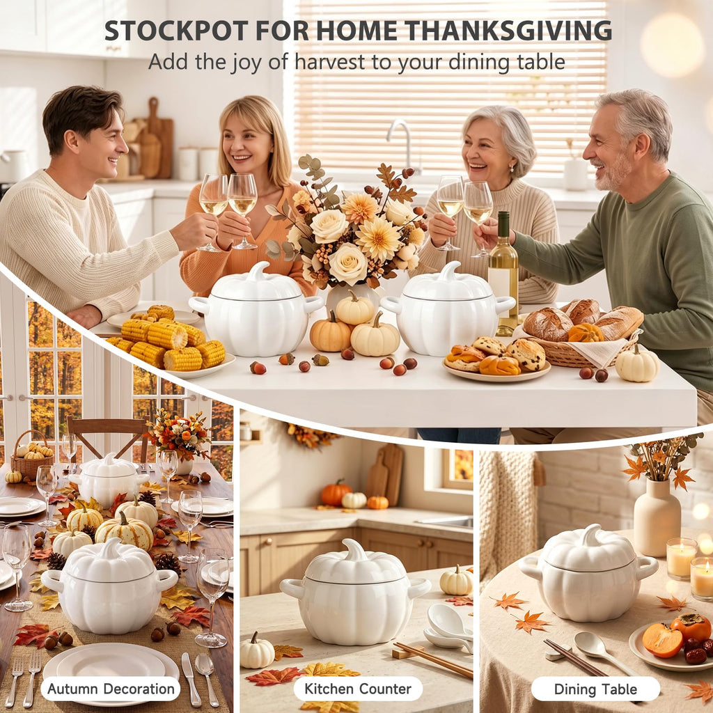 Pumpkin Soup Bowl, 64oz Ceramic Pumpkin Pot with Lid (White)