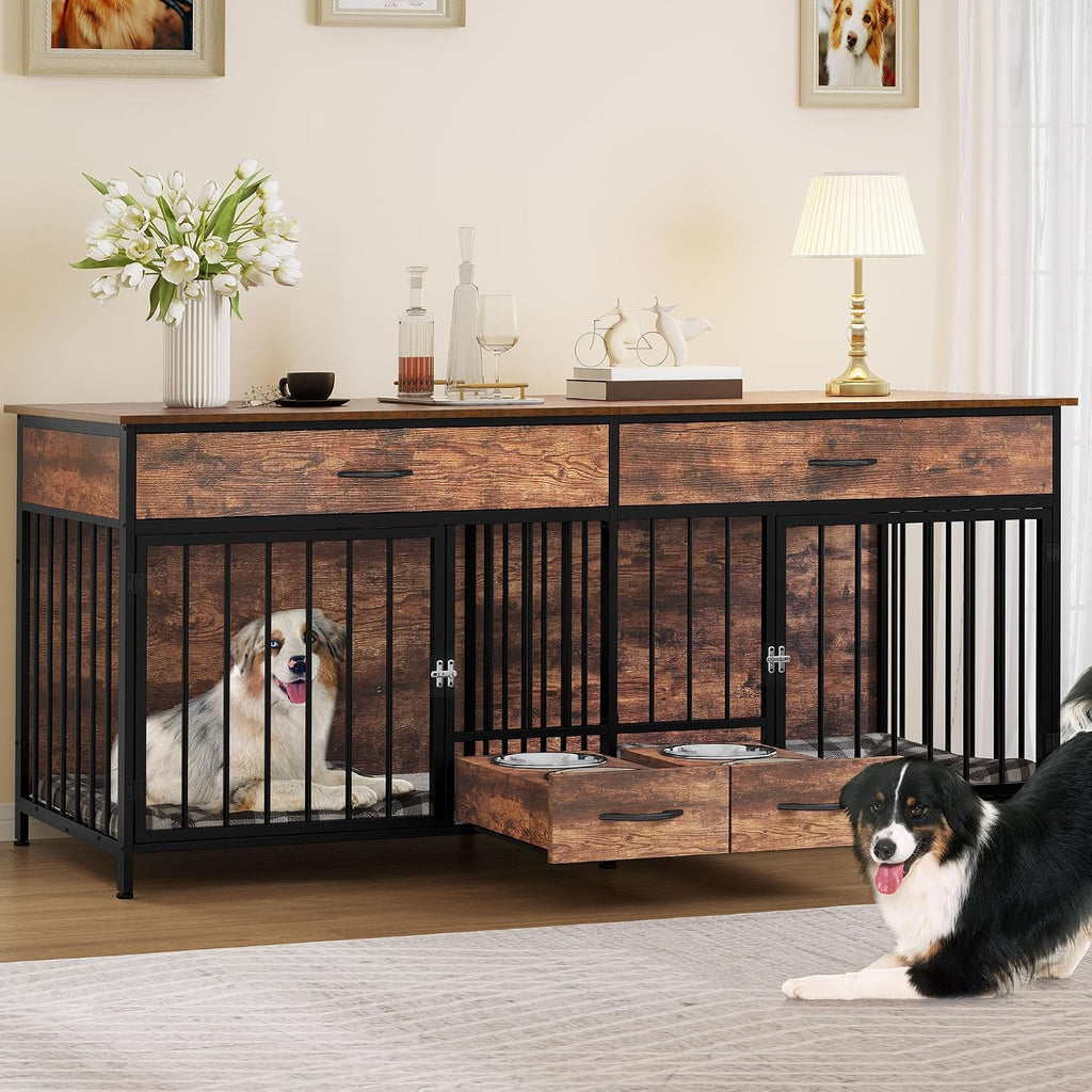 74.8" Double Dog Crate Furniture with Dog Feeder & Drawers