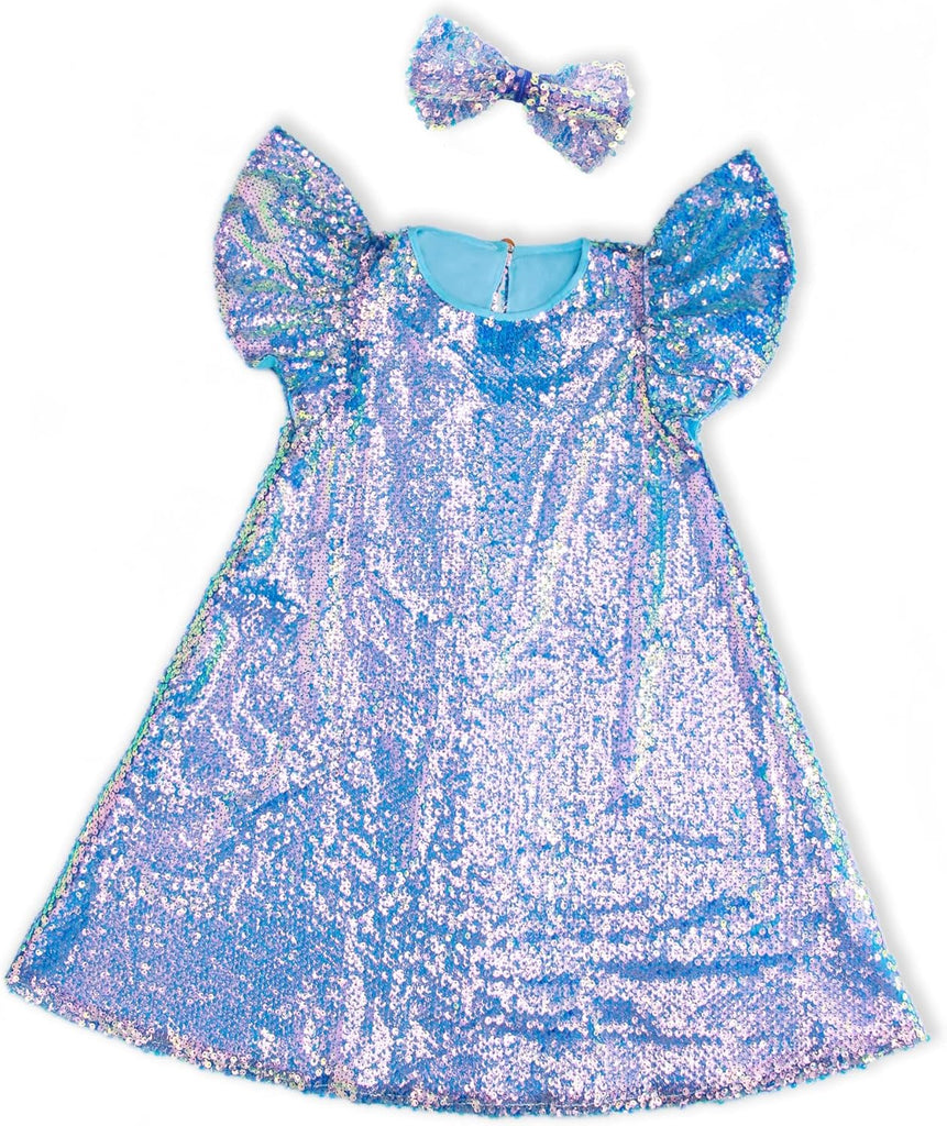 Sequin Dress Shiny Short Flutter Sleeve Midi Sparkly Party Dress with Hairbow