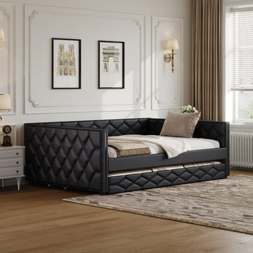 Full XL Size Upholstered Daybed with Pop Up Trundle, Multi-Functional PU Leather Sofa Bed with Backrest and Two